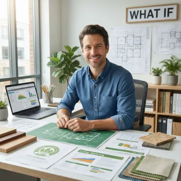 Architect reviewing sustainable building designs with green certification materials and environmental performance models