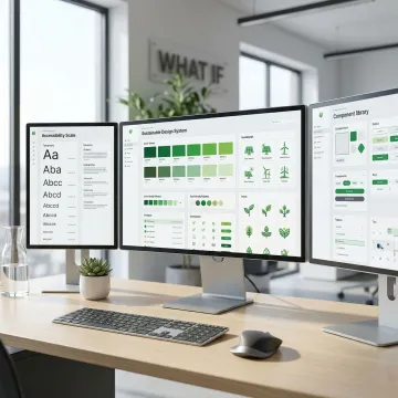 Sustainable design system components showing eco-friendly color palettes, typography, and reusable UI elements