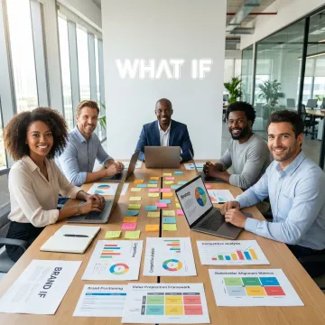 Brand strategy workshop with team collaborating on positioning frameworks