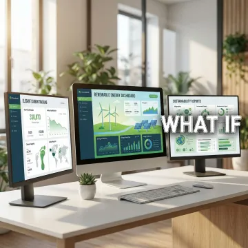 Designer working on climate tech interface with sustainability data visualizations and renewable energy graphics