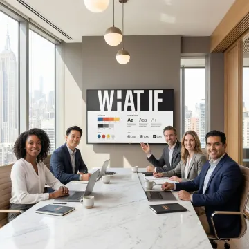 Brand strategists presenting corporate identity concepts to NYC business executives