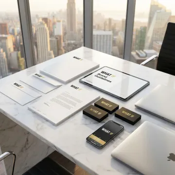 Professional corporate branding materials displayed in modern New York City office environment
