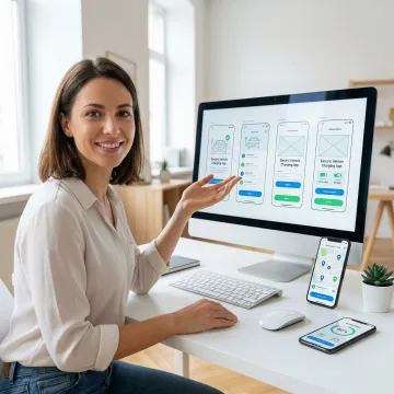 Designer working on EV charging app interface with wireframes and mockups