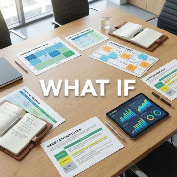 Brand positioning strategy documents and competitive analysis frameworks laid out on conference table