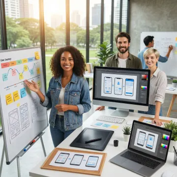 Collaborative design process showing user journey mapping and interface wireframes