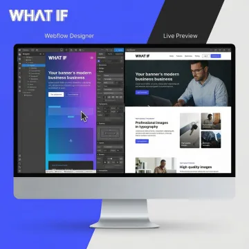 Side-by-side comparison of Webflow visual interface and live website showing responsive design elements