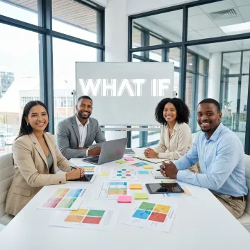 Brand strategy workshop with team members collaborating around a conference table with mood boards and positioning frameworks