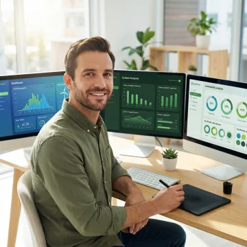 Designer working on climate tech website interface with sustainability metrics and energy visualization dashboards