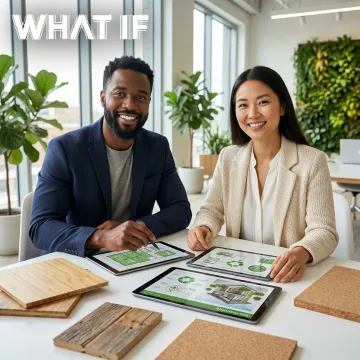 Sustainable design consulting team collaborating on green building project with digital interfaces and environmental graphics