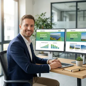 Designer working with climate tech website templates on multiple screens