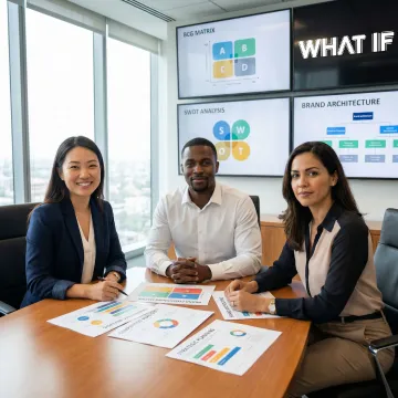 Professional strategists collaborating on brand positioning frameworks with market analysis charts