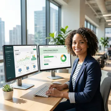 Designer working on cleantech website interface with sustainability metrics and renewable energy visualizations