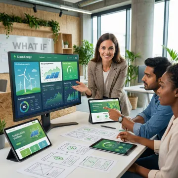 Design team collaborating on sustainable technology interface mockups