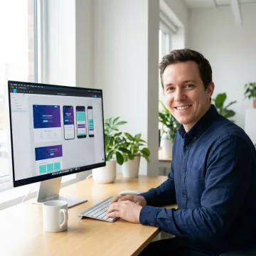 Designer working on tech startup website interface with design tools
