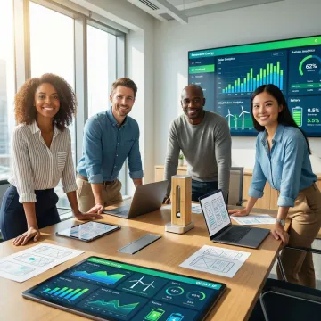 Clean energy product prototyping session with design team reviewing renewable energy dashboard interface