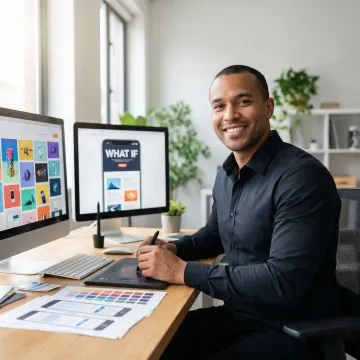 Professional web designer working on small business website with modern interface