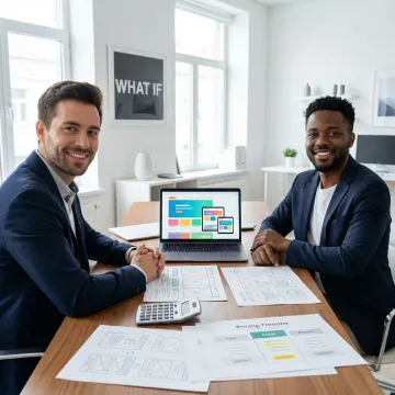 Team collaboration on budget-friendly website design project with pricing documents and design mockups