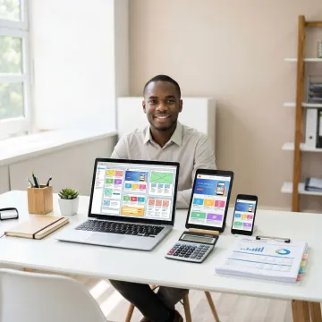 Professional designer working on affordable website layout with multiple devices and budget planning materials