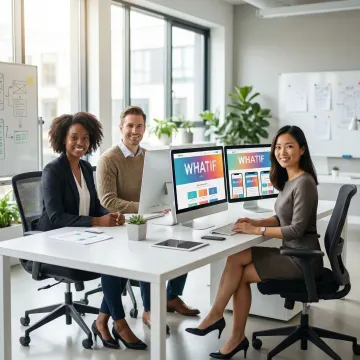 Team collaborating on website design with multiple device mockups displayed