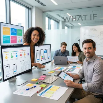 Product designers reviewing user research findings and wireframes on large screens in modern collaborative workspace