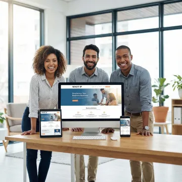 Professional web designers working on responsive website layouts across multiple devices including smartphones, tablets, and desktop computers