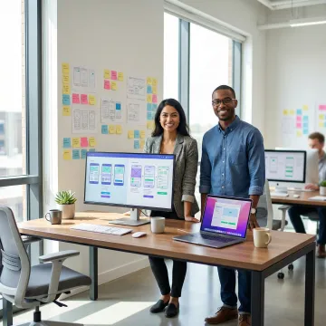 Design team collaborating on UI/UX wireframes and prototypes with multiple screens showing interface designs