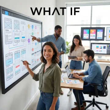 UX designer presenting user flow diagrams and prototypes to team