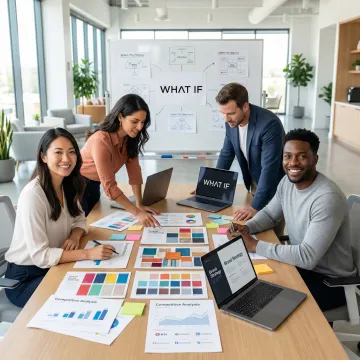 Brand transformation workshop with stakeholders reviewing positioning frameworks