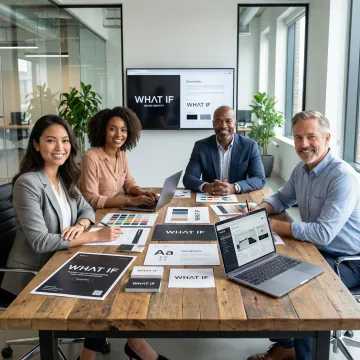 B2B brand strategy session with team reviewing website designs and brand guidelines