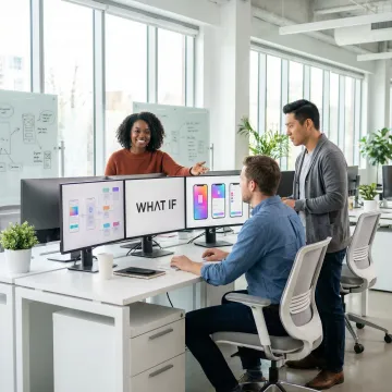 Professional UI UX designers collaborating on digital interface wireframes and prototypes