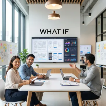 Designer presenting user interface wireframes and user journey maps to stakeholders