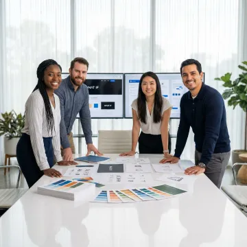 Corporate design team collaborating on brand strategy and digital experience for enterprise client