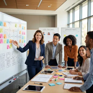 UX design team conducting user research and collaborative design workshops