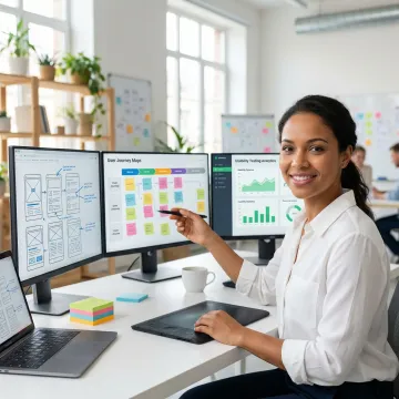 UX design consultant reviewing user journey maps and wireframes on digital screens