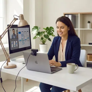 Designer collaborating with solopreneur on UI/UX project via video call