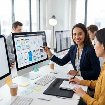 Professional UI/UX designers collaborating on mobile app interface wireframes and prototypes