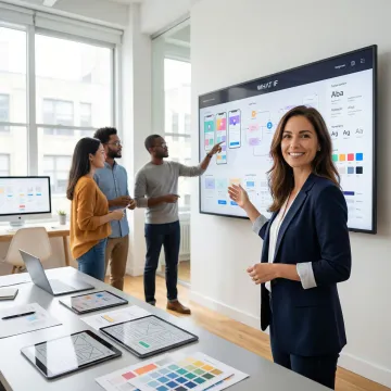 Design team collaborating on user interface designs with stakeholders