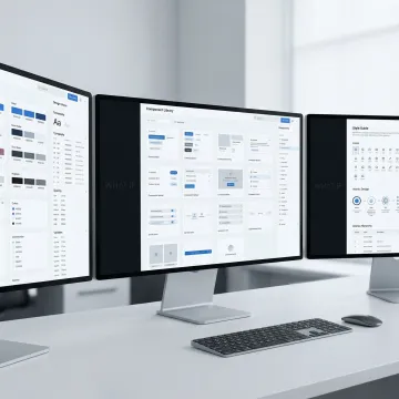 Professional design system components and UI elements displayed on multiple screens
