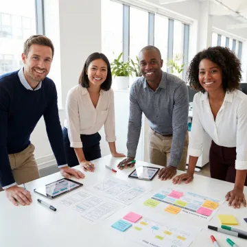 Team reviewing UX design wireframes and user flow diagrams on large display during design sprint