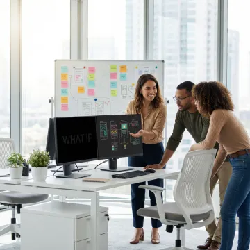 Professional UX designers collaborating on user interface wireframes and prototypes in modern Bangalore design studio