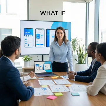 Designer presenting user interface concepts and wireframes to stakeholders in workshop setting