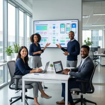 Modern collaborative design studio with designers working on user interface mockups and wireframes