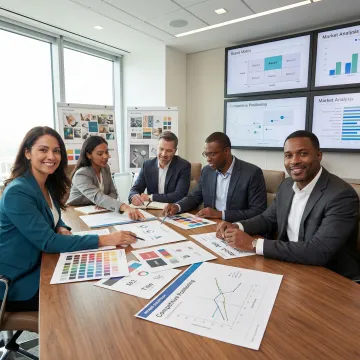 Strategic brand positioning workshop with stakeholders reviewing competitive analysis and value proposition frameworks