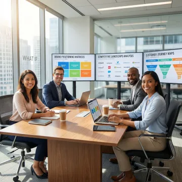 B2B brand strategy session showing market positioning frameworks and competitive analysis on presentation screens