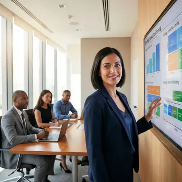 Brand strategist presenting competitive positioning analysis and market differentiation frameworks to executive team