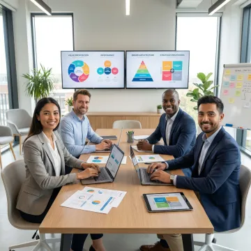 Strategic brand repositioning workshop with stakeholders collaborating on positioning frameworks and competitive analysis