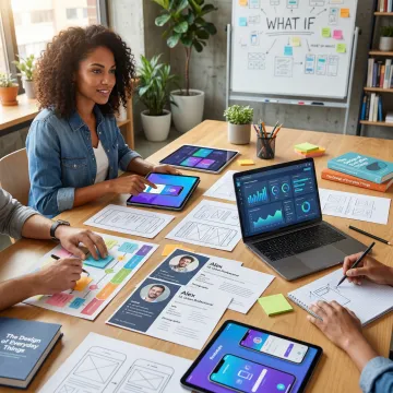 UI/UX design process showing user research, wireframes, prototypes, and final interface designs laid out systematically