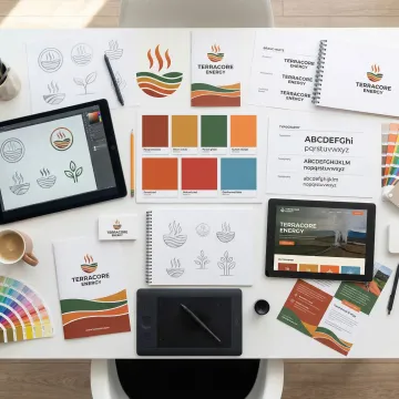 Geothermal energy logo design process showing brand evolution stages