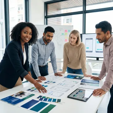 Design team collaborating on renewable energy marketing strategy with wireframes and brand materials