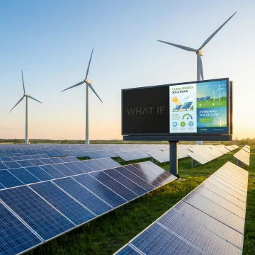 Modern renewable energy facility with solar panels and wind turbines against clean sky, representing utility innovation